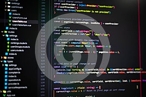 Vue.js TypeScript code in text editor. Prevent hacks in internet security.