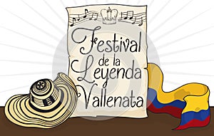 Vueltiao Hat, Flag and Scroll Promoting Vallenato Legend Festival, Vector Illustration