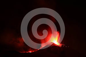 Panoramica del vulcano di Sicilia: Etna in eruzione durante la notte con sfondo scuro del cielo notturno photo