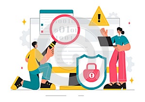 Vulnerability and Threat Management Solutions Vector Illustration featuring Data Breach Security Attack, Hacker Fraud, and Coding