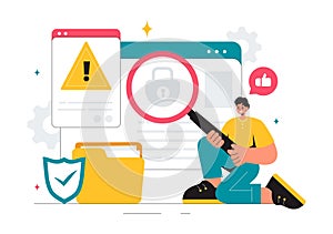 Vulnerability and Threat Management Solutions Vector Illustration featuring Data Breach Security Attack, Hacker Fraud, and Coding