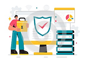 Vulnerability and Threat Management Solutions Vector Illustration featuring Data Breach Security Attack, Hacker Fraud, and Coding