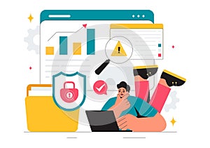 Vulnerability and Threat Management Solutions Vector Illustration featuring Data Breach Security Attack, Hacker Fraud, and Coding