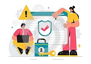 Vulnerability and Threat Management Solutions Vector Illustration featuring Data Breach Security Attack, Hacker Fraud, and Coding