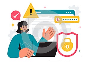 Vulnerability and Threat Management Solutions Vector Illustration featuring Data Breach Security Attack, Hacker Fraud, and Coding