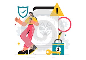 Vulnerability and Threat Management Solutions Vector Illustration featuring Data Breach Security Attack, Hacker Fraud, and Coding