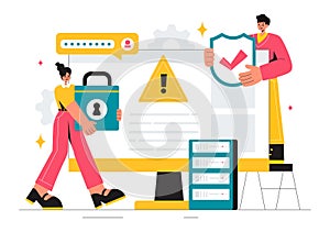 Vulnerability and Threat Management Solutions Vector Illustration featuring Data Breach Security Attack, Hacker Fraud, and Coding