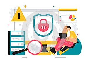 Vulnerability and Threat Management Solutions Vector Illustration featuring Data Breach Security Attack, Hacker Fraud, and Coding