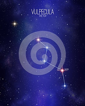 Vulpecula the fox constellation map on a starry space background. Stars relative sizes and color shades based on their spectral photo
