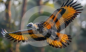 Vulture flying in the forest. An African white back vulture in flight