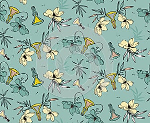 Vulva paradise plants, funny vagina pattern in greenery colors. Seamless repeat pattern design Hibiscus, peony tender flowers photo