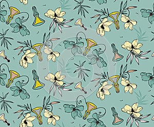 Vulva paradise plants, funny vagina pattern in greenery colors. Seamless repeat pattern design Hibiscus, peony tender flowers