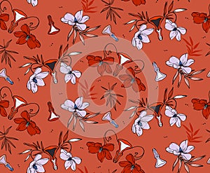 Vulva paradise plants, funny vagina pattern in red violet colors. Seamless repeat pattern design Hibiscua, peony tender flowers