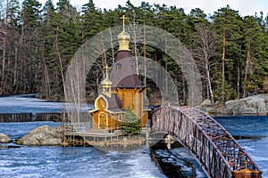 Vuoksa River and the Church of St. Andrew the First-Called. Leningrad region, Russia