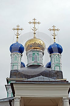 Vvedensky Cathedral domes. The monastery Optina Pustyn in the city of Kozelsk. Russia