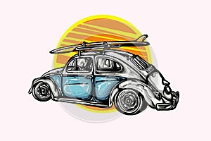 Vw car Vintage hand drawn surfing car vector