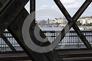 VyÅ¡ehrad Railway Bridge with view on Manes Exhibition Hall in Prague