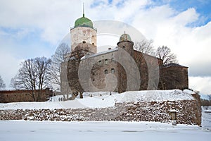 Vyborg Castle on a cloudy February day. Vyborg, Russia