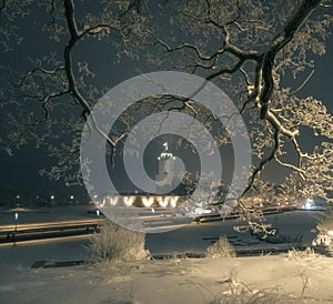 Vyborg at night in winter, Castle on the island and St. Olaf tower