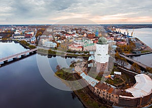 Vyborg, top view of the city and the fortress with Olaf tower