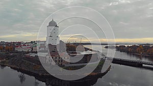 Vyborg, top view of the city and the fortress with Olaf tower. Autumn view