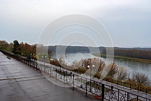 Vyoshenskaya embankment of river Don on rainy day