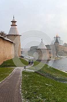 Vysokaya tower left and Ploskaya tower right of Pskov Kremlin also Pskov Krom