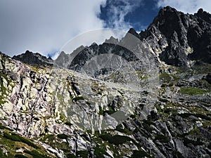 Vysoke Tatry High Tatras rocky mountains and waterfall in summer, Slovakia, Europe