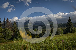 Vysoke Tatry mountains in summer cloudy morning near Strbske Pleso village