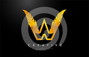 W Golden Gold Feather Letter Logo Icon Design With Feather Feathers Creative Look Vector Illustration