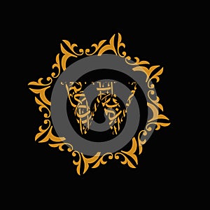The W letter by arabic islamic font style and golden flower logo design style