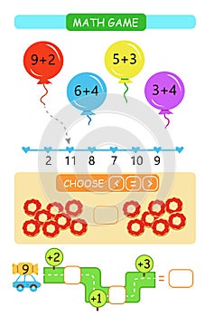 Worksheet. Counting Game. Learning mathematics, tasks for addition kindergarten and preschool children. photo