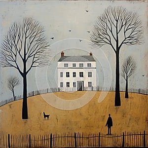 W Monk: A Folk Art Inspired Painting Of Man And Dog Walking By A House