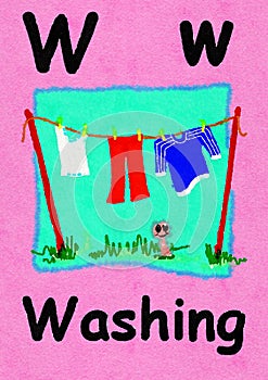 W is for washing. Learn the alphabet and spelling.