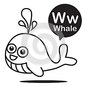 W Whale cartoon and alphabet for children to learning and coloring page vector illustration eps10