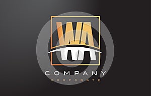 WA W A Golden Letter Logo Design with Gold Square and Swoosh.