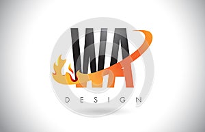 WA W A Letter Logo with Fire Flames Design and Orange Swoosh. photo