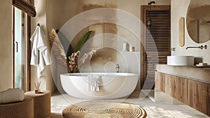 In the wabi-sabi bathroom interior, brown and white shades harmonize with solid oak and rattan furniture, creating an