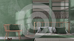 Wabi sabi bedroom in white and green tones close up with macrame wall art and wallpaper. Wooden furniture, carpets and double bed
