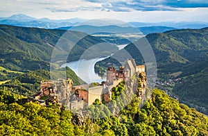 Wachau landscape with Danube river at sunset, Austria