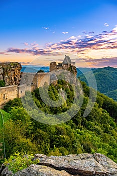 Wachau valley and Danube river. Aggstein medieval castle