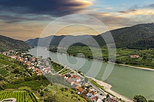 Wachau valley with the river Danube and town Spitz on a sunset. Lower Austria