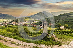 Wachau valley with the river Danube and town Spitz on a sunset. Lower Austria