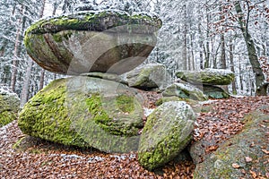 Wackelstein near Thurmansbang megalith granite rock formation in winter in bavarian forest, Germany