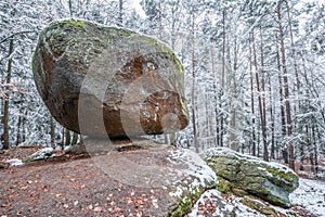 Wackelstein near Thurmansbang megalith granite rock formation in winter in bavarian forest, Germany