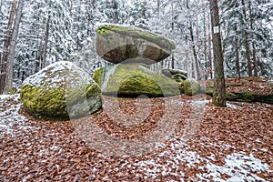 Wackelstein near Thurmansbang megalith granite rock formation in winter in bavarian forest, Germany