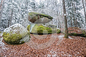 Wackelstein near Thurmansbang megalith granite rock formation in winter in bavarian forest, Germany
