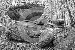 Wackelstein near Thurmansbang megalith granite rock formation in winter in bavarian forest, Germany