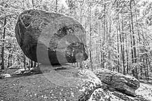 Wackelstein near Thurmansbang megalith granite rock formation in winter in bavarian forest, Germany