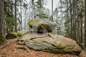 Wackelstein near Thurmansbang megalith granite rock formation in winter in bavarian forest, Germany